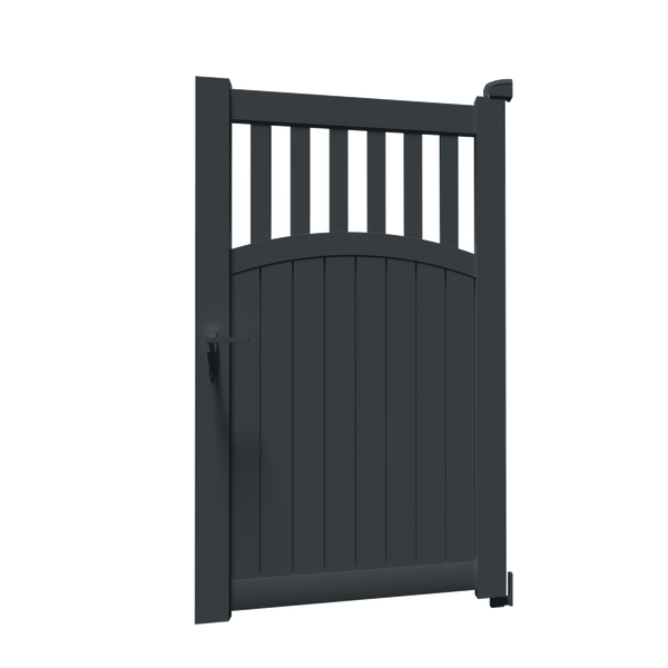 Portillon Hermès en aluminium gris anthracite, à barreaux verticaux et soubassement plein