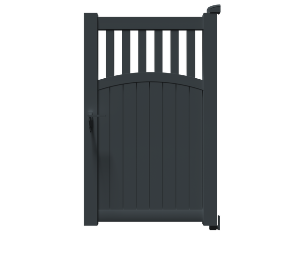 Portillon Hermès en aluminium gris anthracite RAL 7016, à barreaux verticaux et soubassement plein