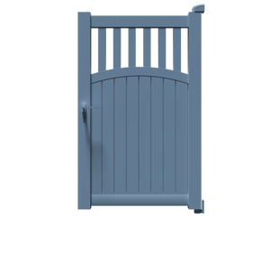 Portillon Hermès en aluminium bleu RAL 5014, à barreaux verticaux et soubassement plein