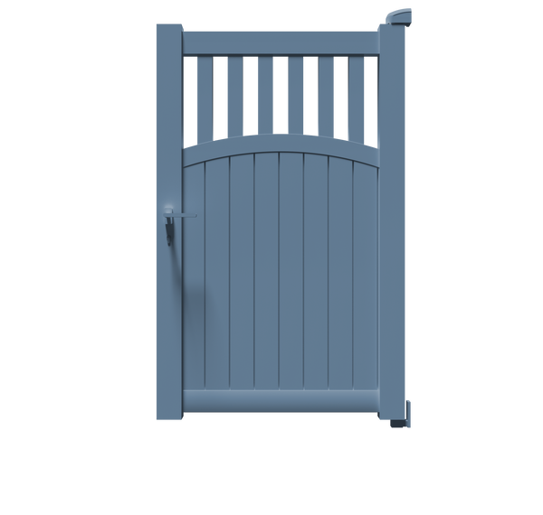 Portillon Hermès en aluminium bleu RAL 5014, à barreaux verticaux et soubassement plein