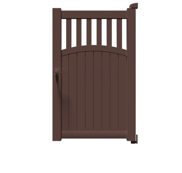 Portillon Hermès en aluminium marron RAL 8014, à barreaux verticaux et soubassement plein