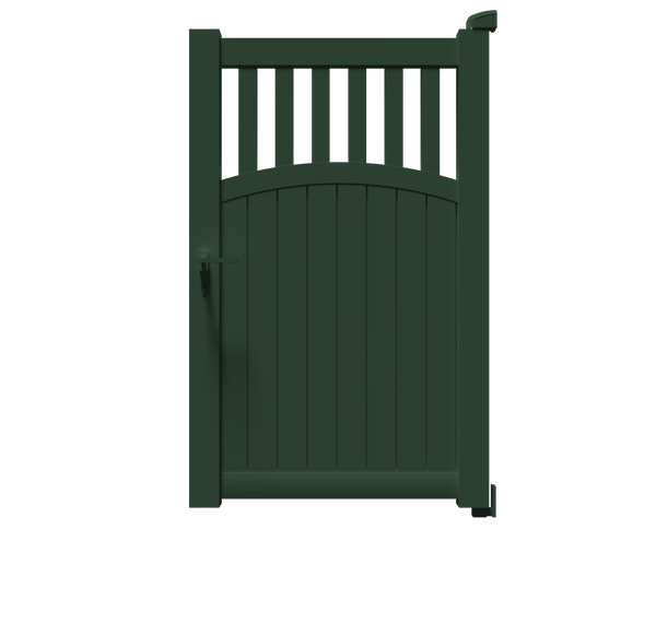 Portillon Hermès en aluminium vert RAL 6005, à barreaux verticaux et soubassement plein