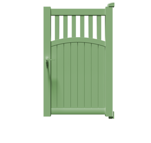 Portillon Hermès en aluminium vert RAL 6021, à barreaux verticaux et soubassement plein