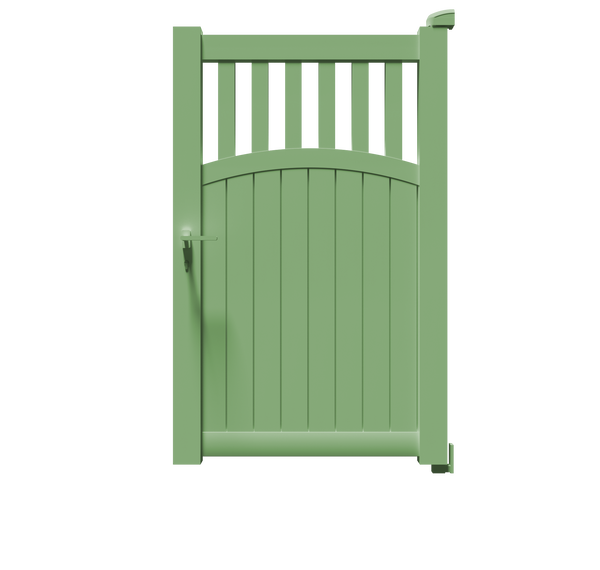 Portillon Hermès en aluminium vert RAL 6021, à barreaux verticaux et soubassement plein